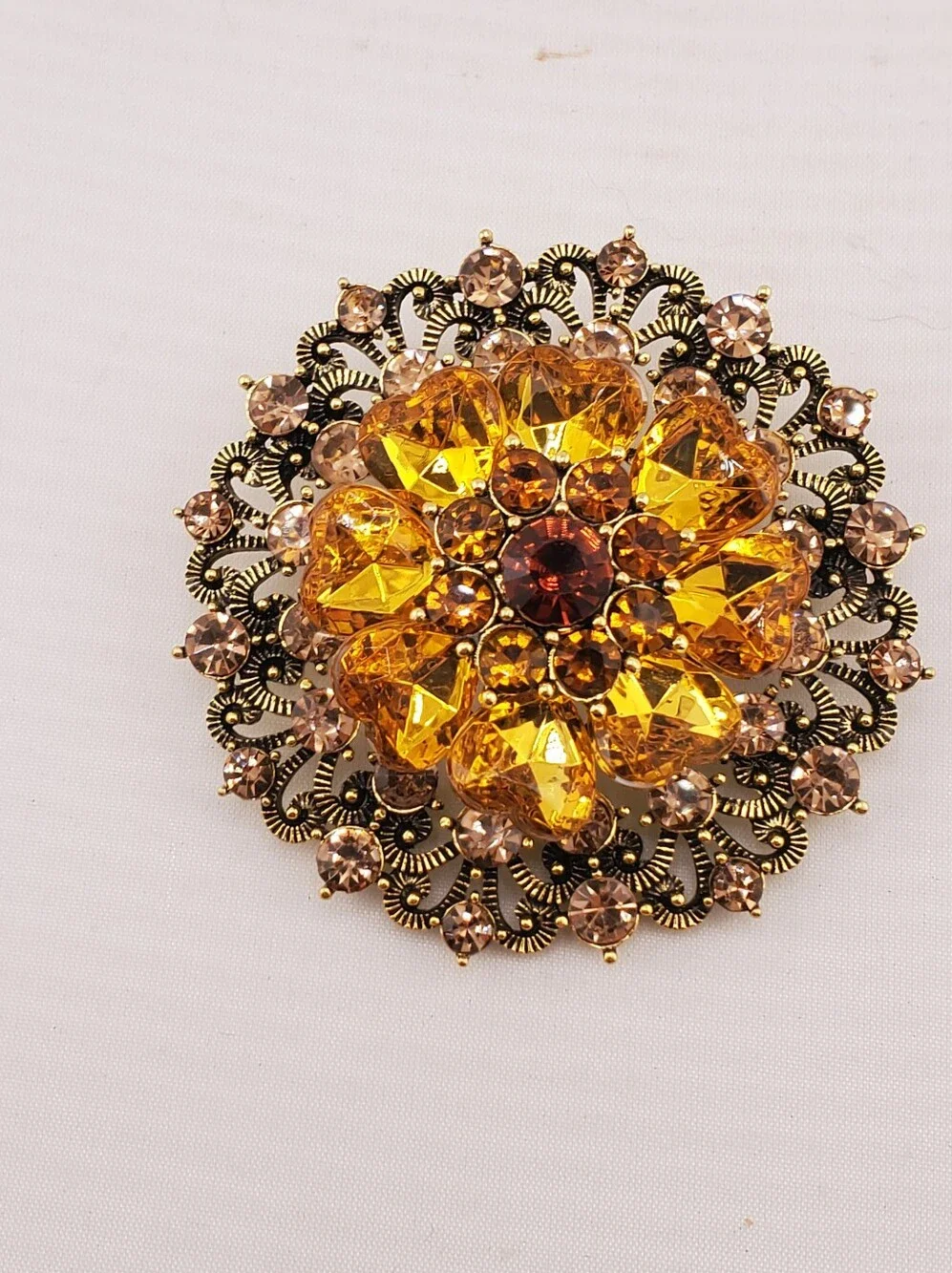 Yellow Brown Rhinestone Brooch